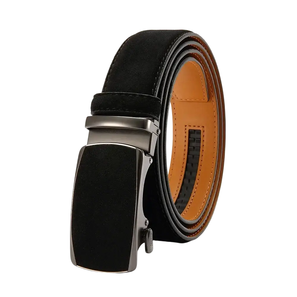Men automatic leather dress belt in black suede with silver-toned automatic buckle and tan inner lining