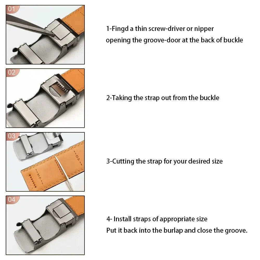 Men automatic leather dress belt adjustable brown leather with silver-toned metal buckle for formal wear