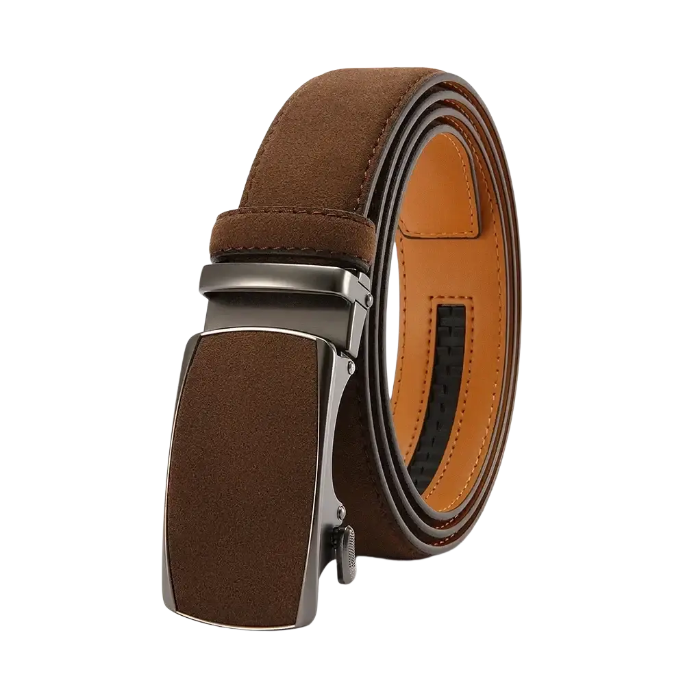Brown suede men automatic leather dress belt with sleek silver-toned automatic buckle and adjustable waistband