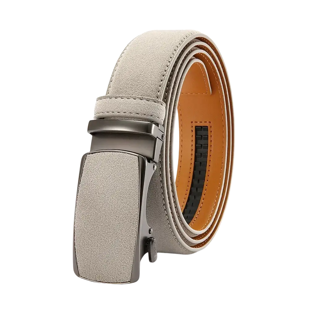 A sleek light gray suede men automatic leather dress belt with a matte black automatic buckle and adjustable waistband