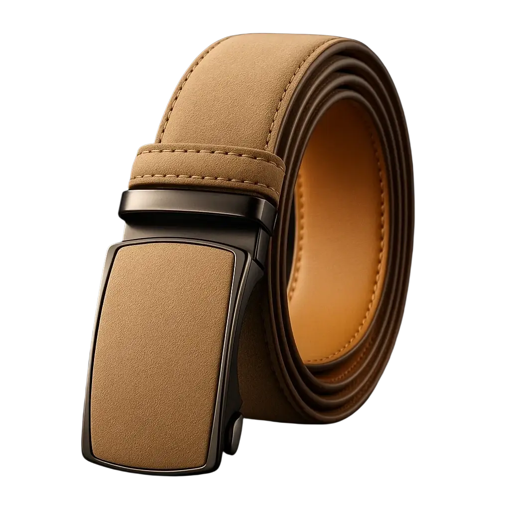 Tan leather men automatic dress belt with black automatic buckle and adjustable waistband
