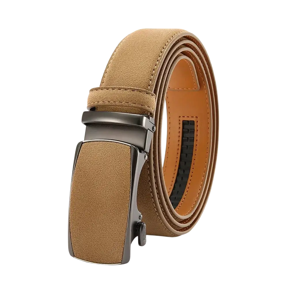 Men automatic leather dress belt in tan suede with silver-toned automatic buckle and minimalist stitching design