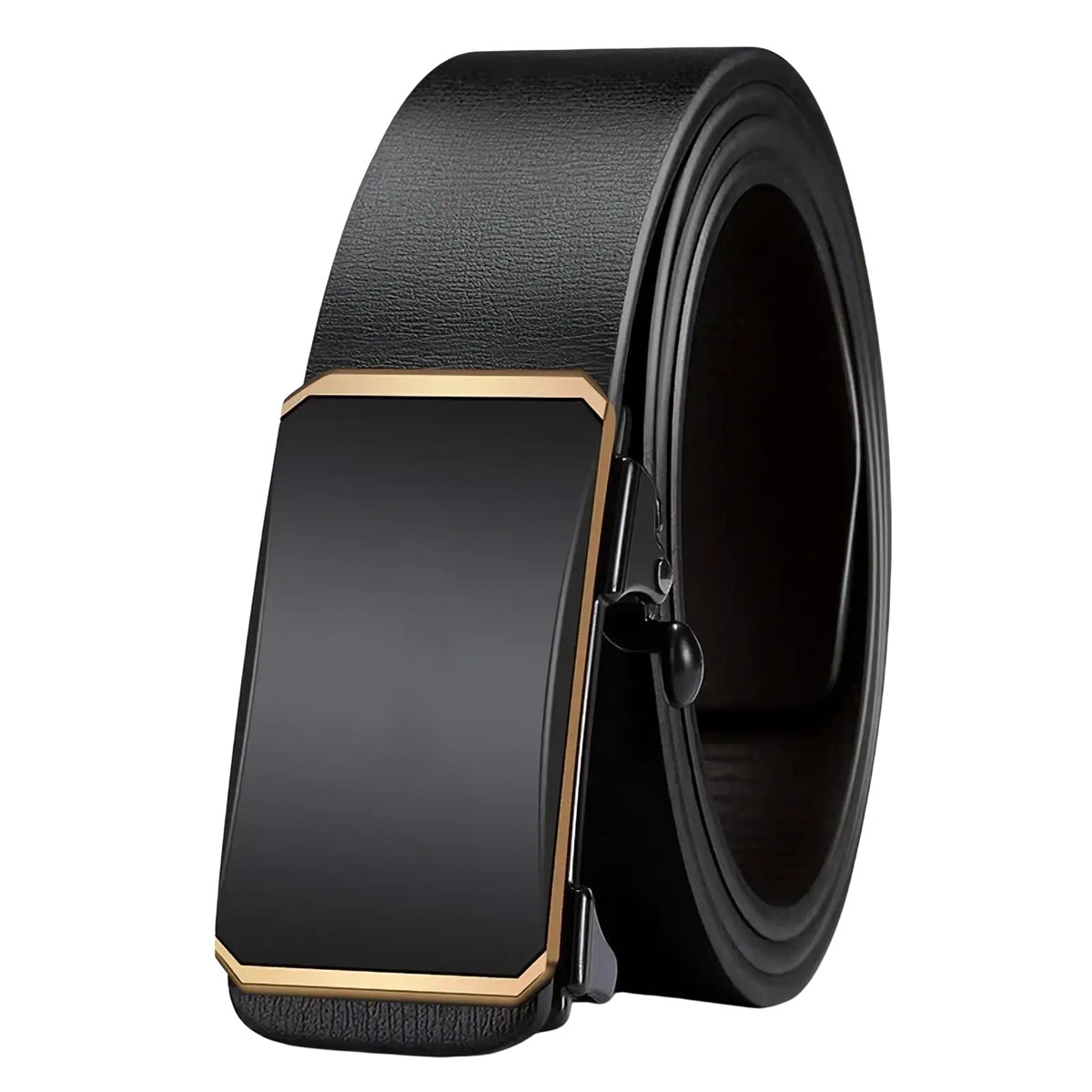 Black leather men automatic pu leather belt with sleek rectangular buckle featuring gold-tone edges and matte center