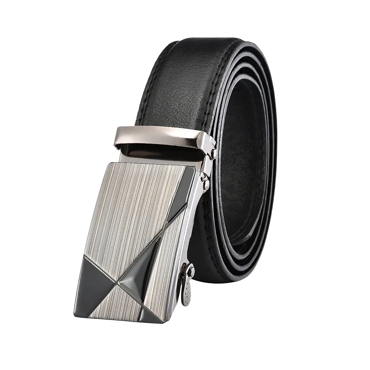 Men automatic pu leather belt in black featuring a silver-toned geometrically patterned automatic buckle