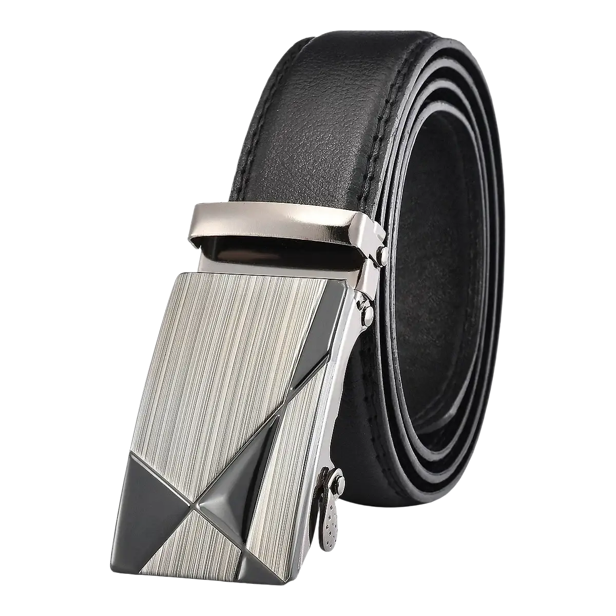 Men automatic pu leather belt in black with a silver-toned geometric brushed metal automatic buckle