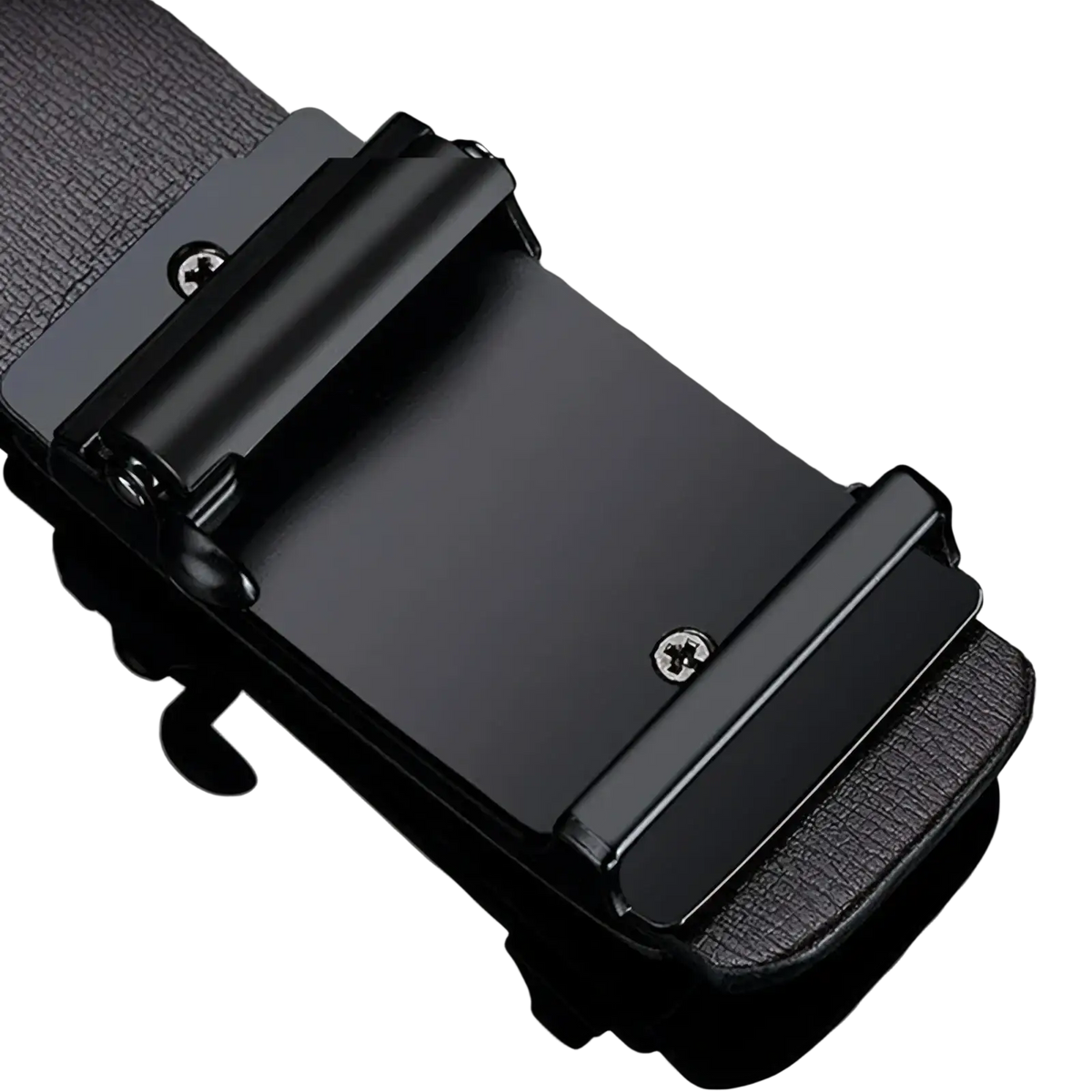 Black men automatic pu leather belt with a sleek matte-finish metal buckle detail displayed on front side