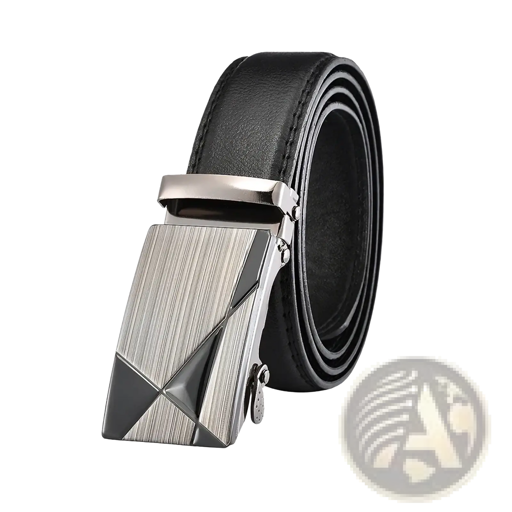 Men automatic pu leather belt in black featuring a silver-toned geometrically patterned automatic buckle