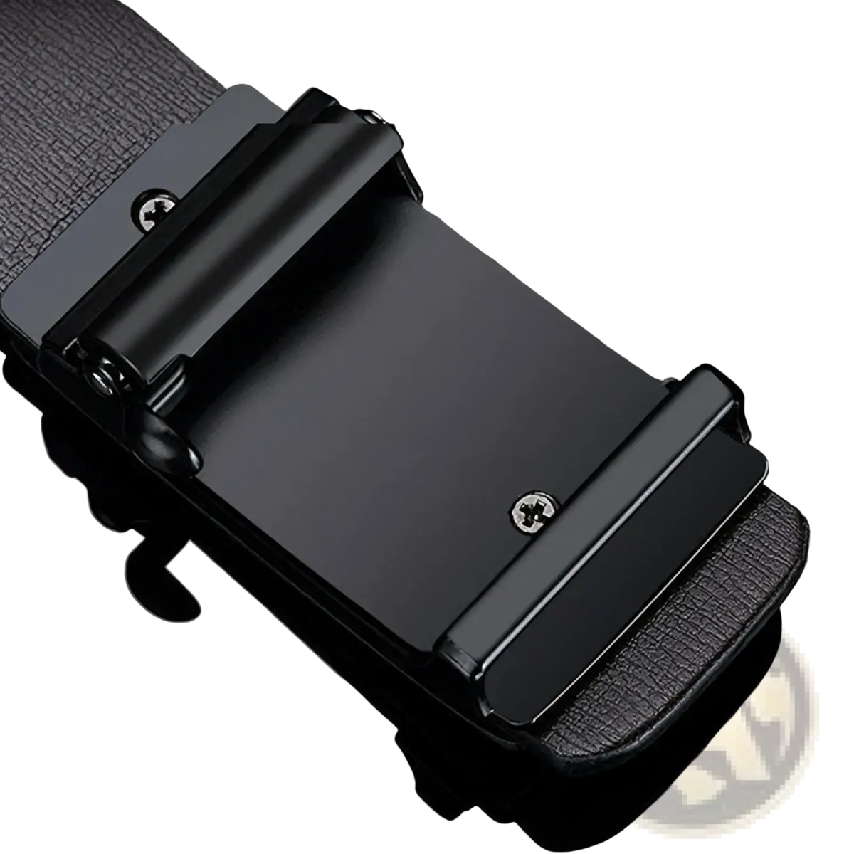 Black men automatic pu leather belt with a sleek matte-finish metal buckle detail displayed on front side