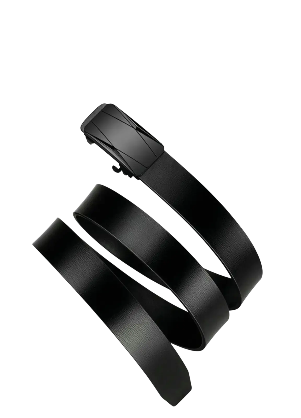 Men automatic pu leather belt in black with a sleek modern matte black buckle featuring angular geometric patterns