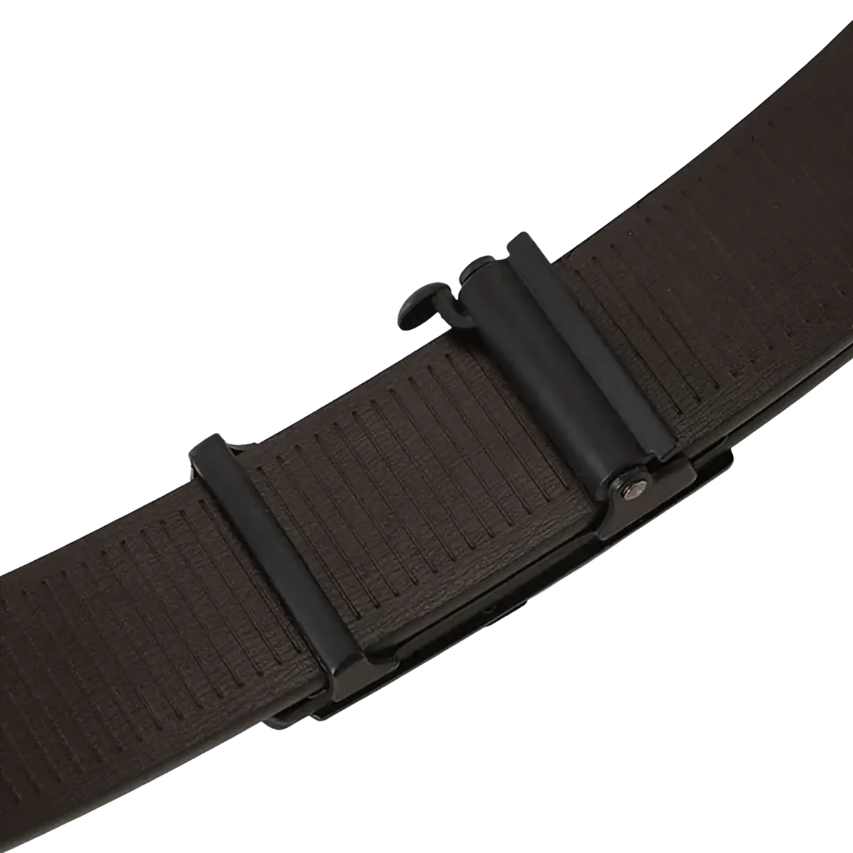 Black leather men automatic belt with textured ribbed surface and matte black plastic buckle for formal wear