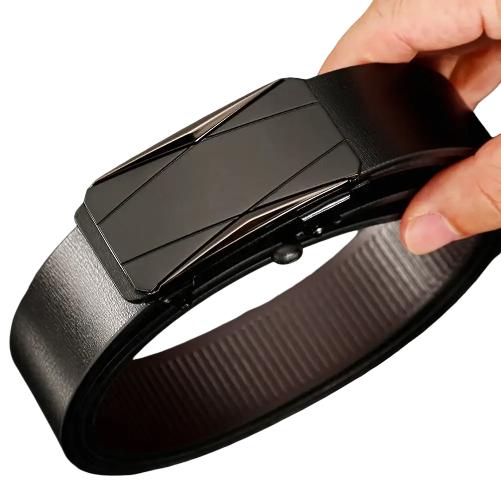 Black leather men automatic belt with matte black geometrically patterned metal buckle for formal wear