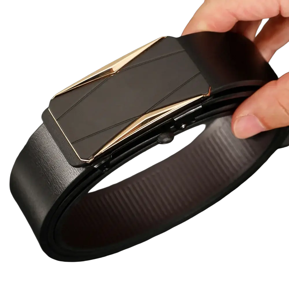 Men automatic pu leather belt in black with a sleek modern matte black buckle featuring gold-tone angular accents