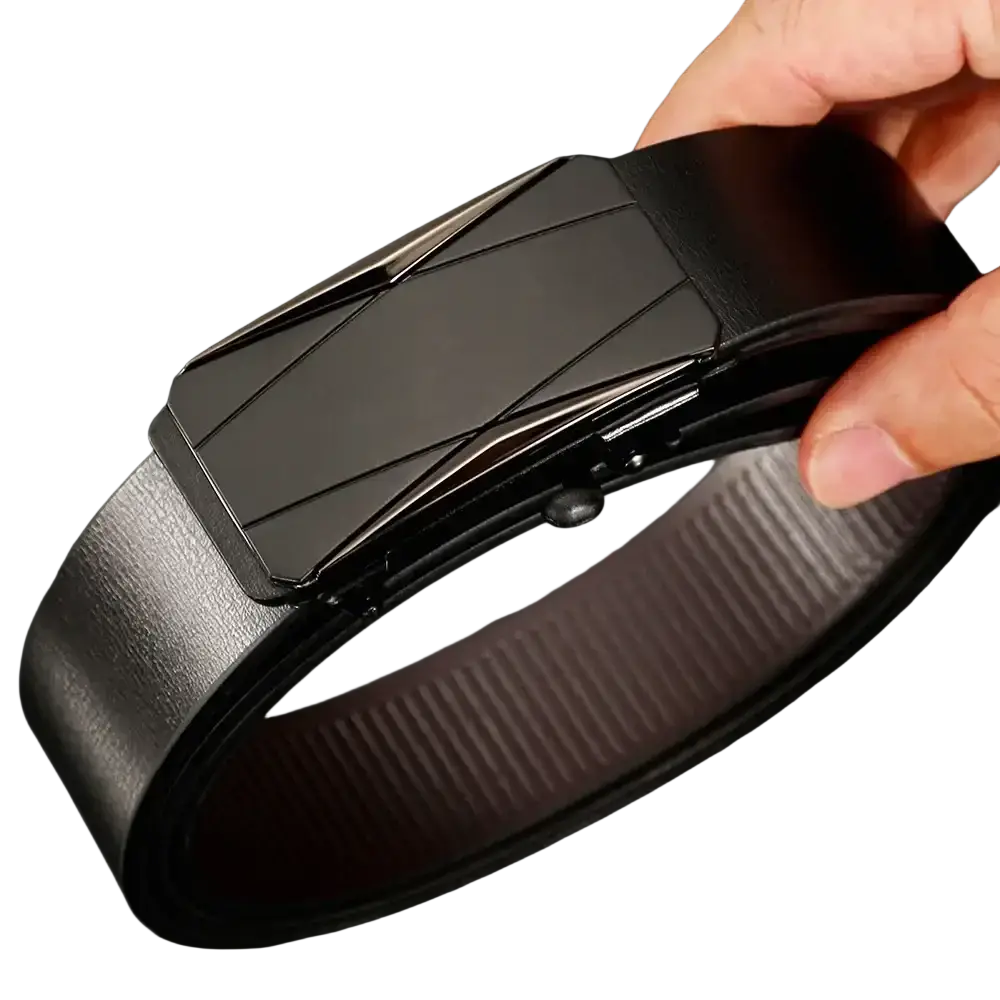 Men automatic pu leather belt in matte black with sleek geometric-patterned metal automatic buckle