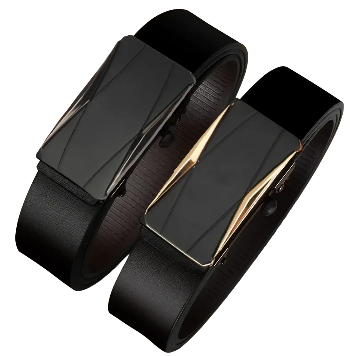 Men automatic pu leather belt with matte black buckle featuring gold-tone accent lines on black leather belt