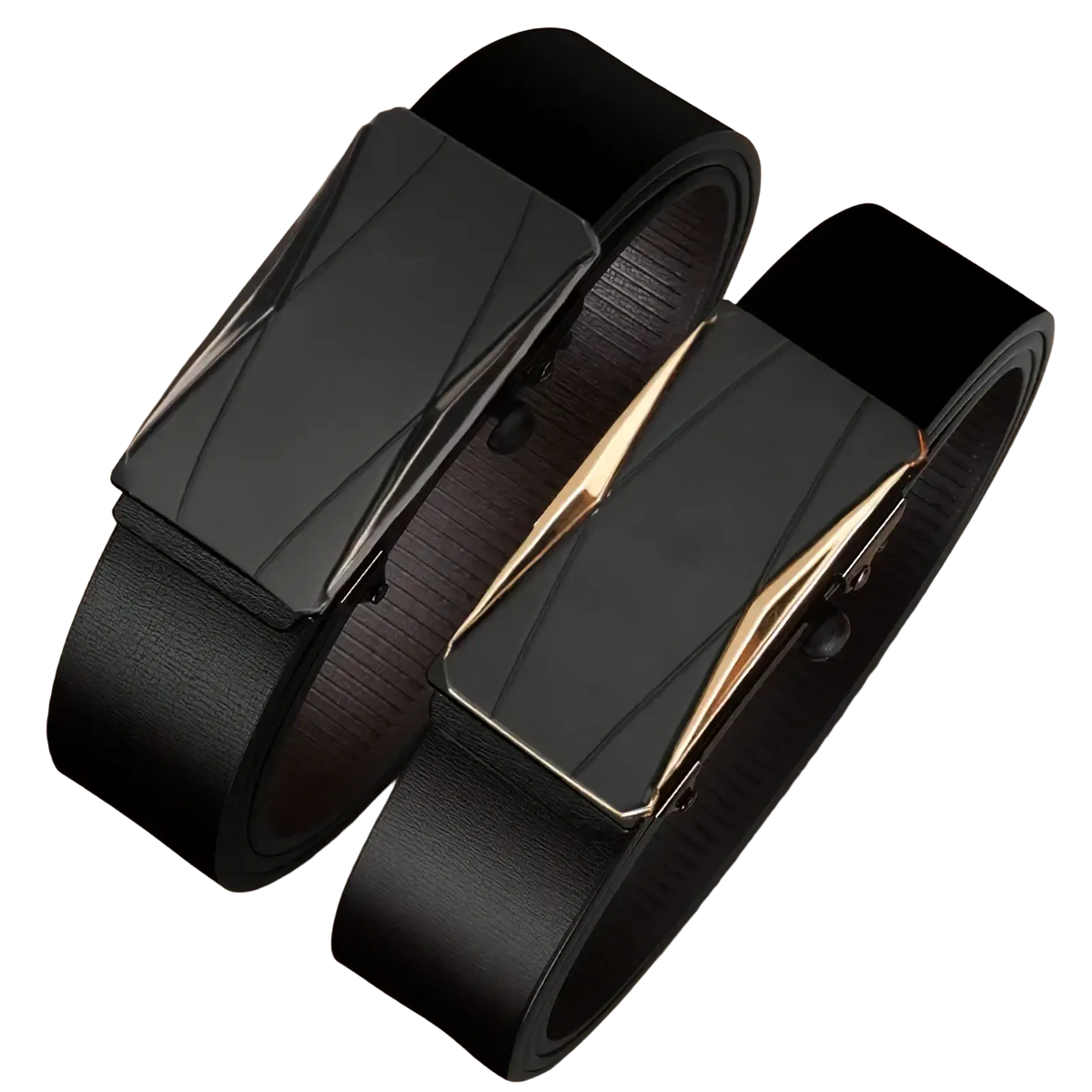 Men automatic pu leather belt in black with matte black buckle and gold tone accents on sleek modern design