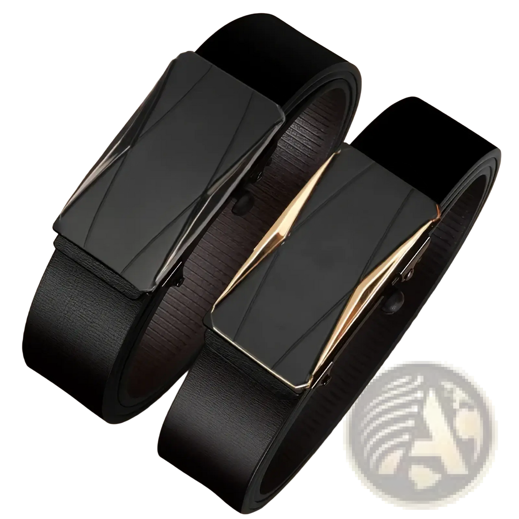 Men automatic pu leather belt in black with matte black buckle and gold tone accents on sleek modern design