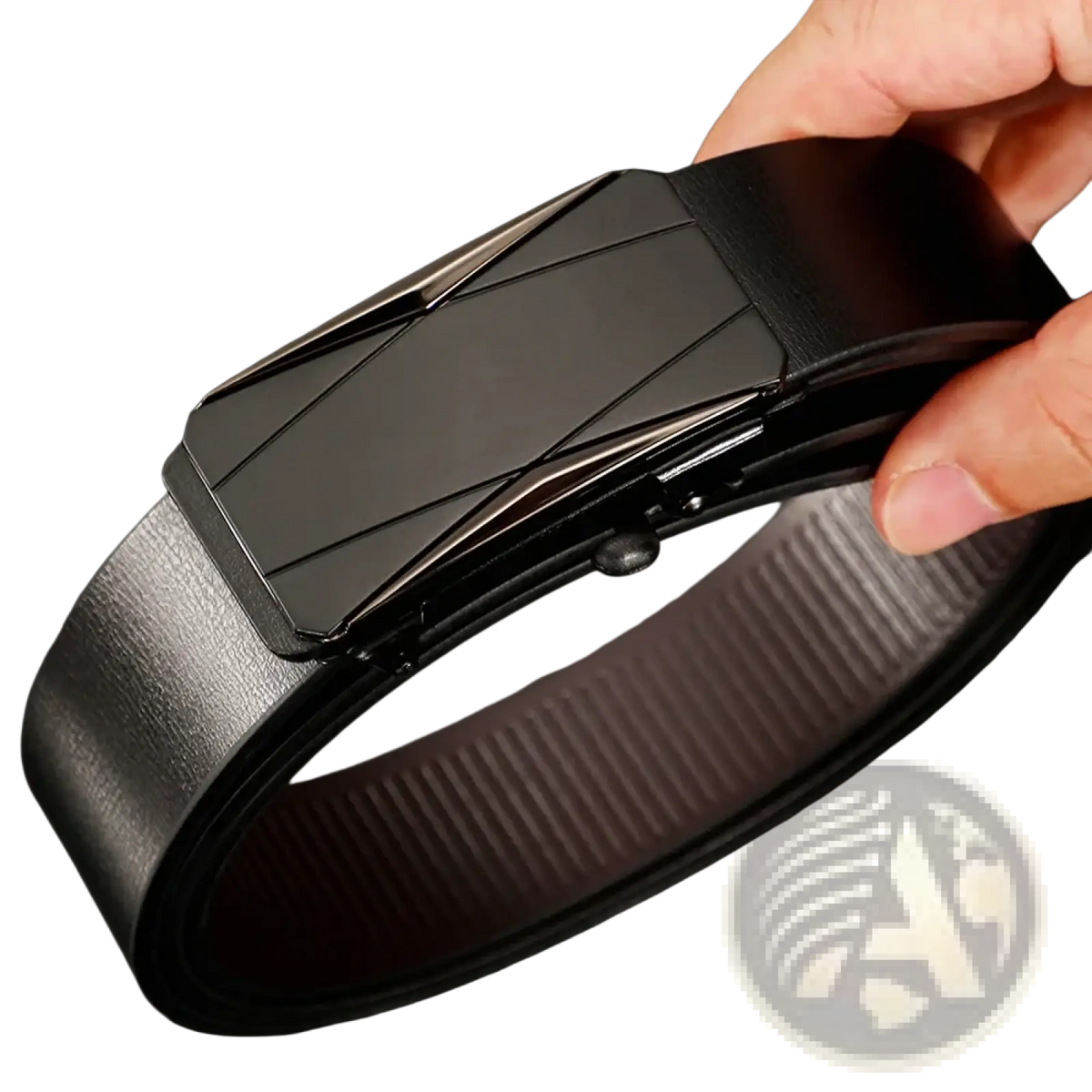 Black leather men automatic belt with matte black geometrically patterned metal buckle for formal wear