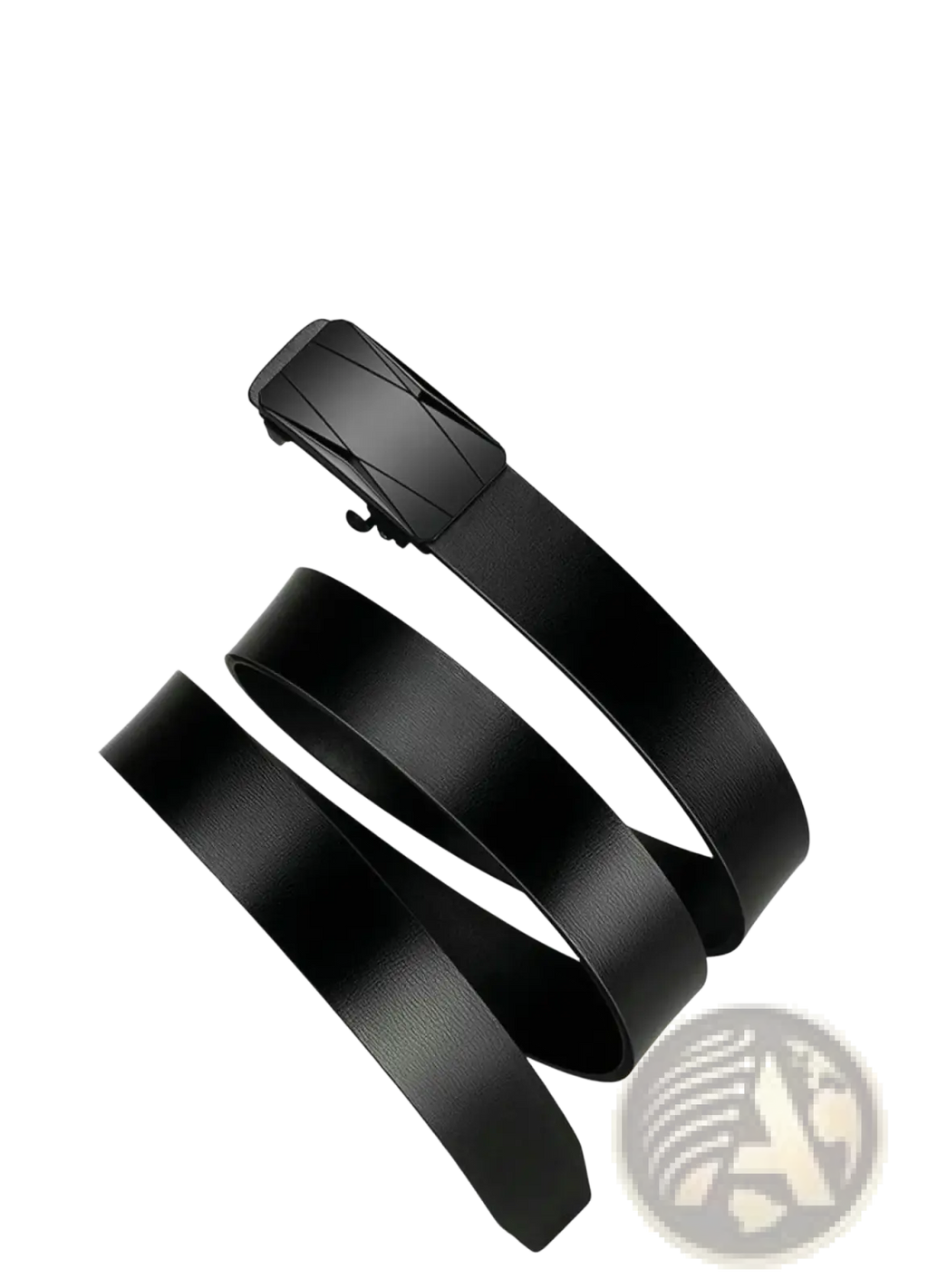 Men automatic pu leather belt in black with a sleek modern matte black buckle featuring angular geometric patterns