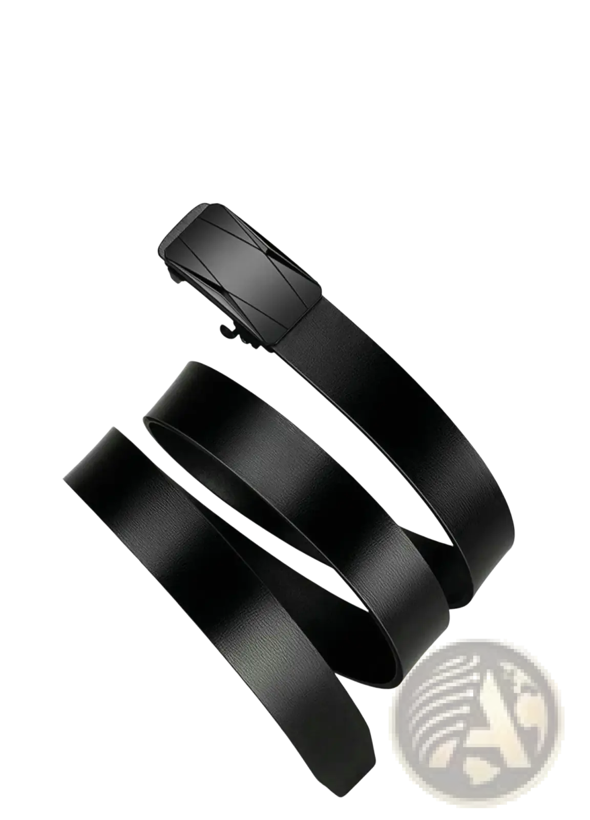 Men automatic pu leather belt in black with a sleek modern matte black buckle featuring angular geometric patterns
