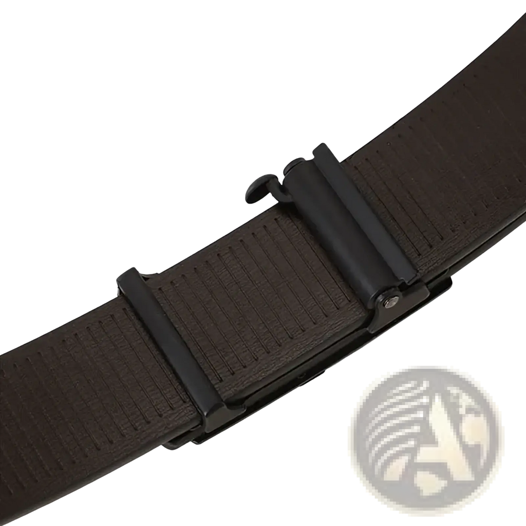 Black leather men automatic belt with textured ribbed surface and matte black plastic buckle for formal wear