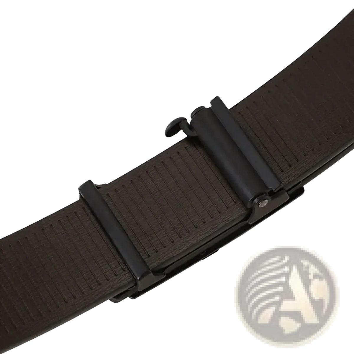 Black leather men automatic belt with textured ribbed surface and matte black plastic buckle for formal wear