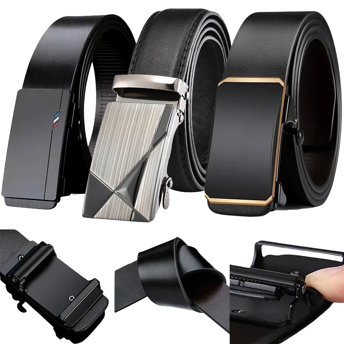 Men automatic pu leather belts in black with automatic buckles featuring matte finish brushed metal and gold-trimmed edges