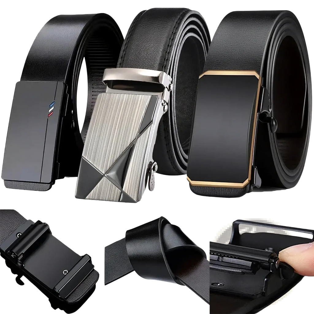 Men automatic pu leather belts in black with automatic buckles featuring matte finish brushed metal and gold-trimmed edges