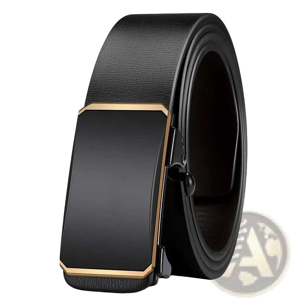 Men automatic pu leather belt in black with a sleek rectangular automatic buckle and gold tone edges