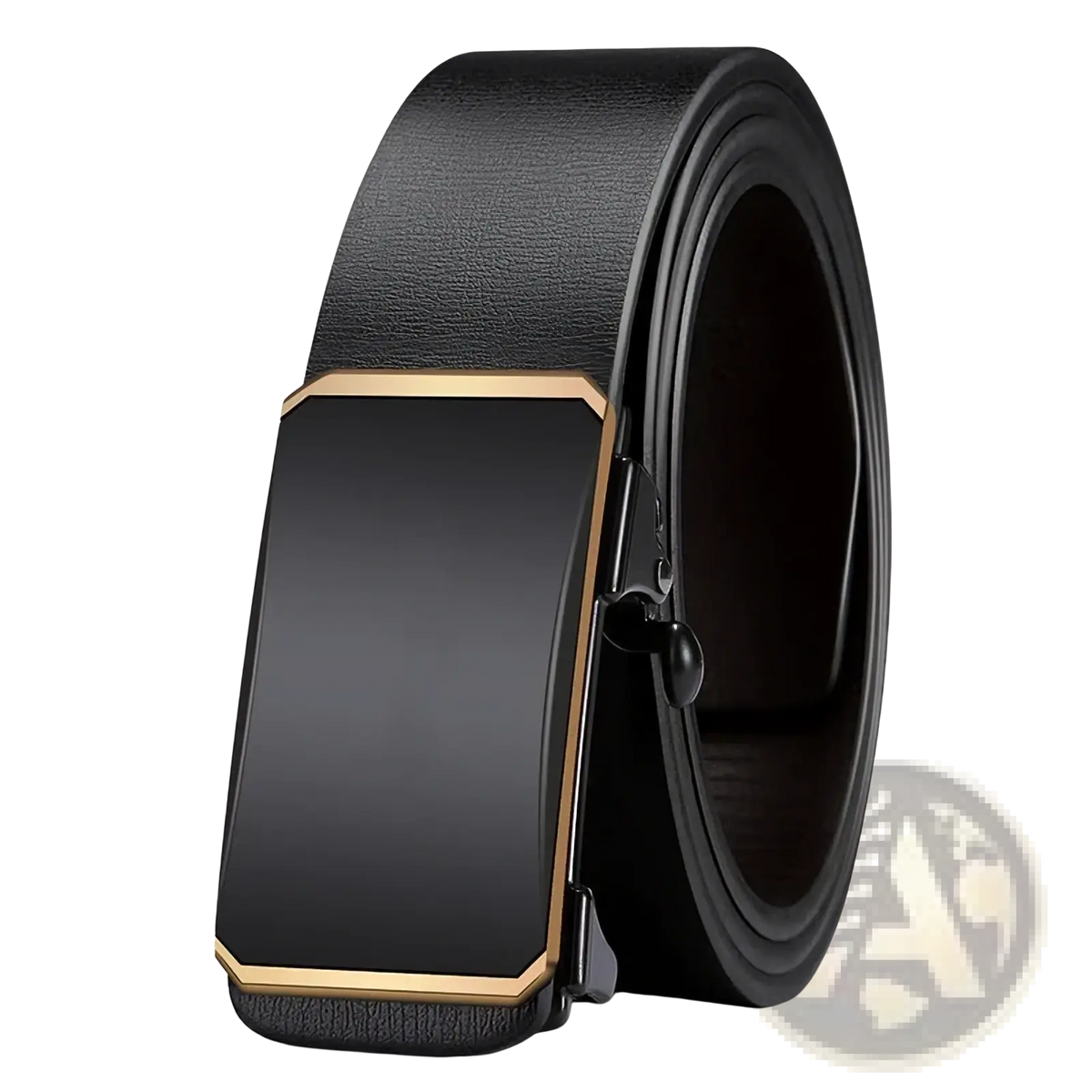 Men automatic pu leather belt in black with a sleek rectangular automatic buckle and gold tone edges