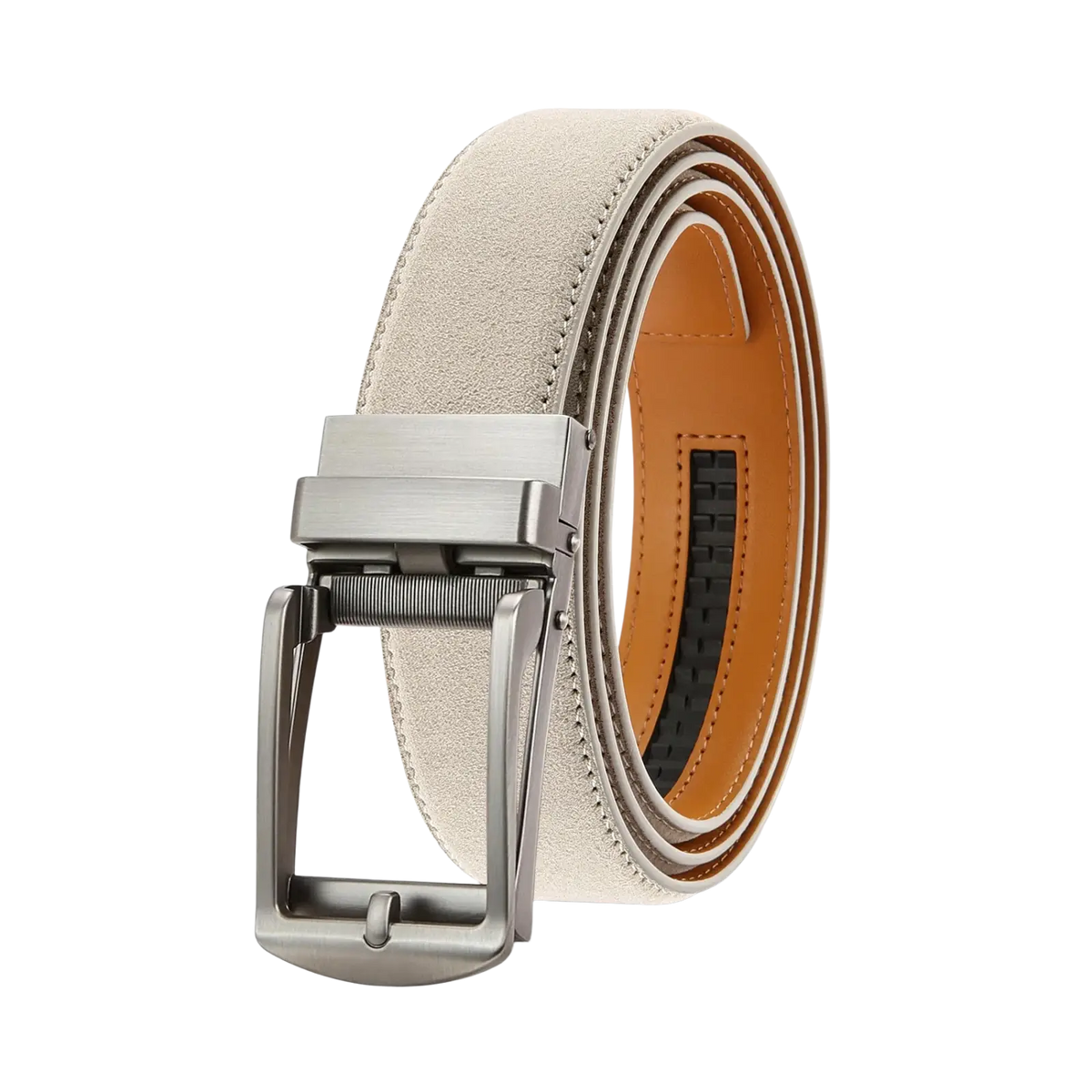 Beige suede men automatic ratchet leather belt with silver-toned buckle and tan inner lining luxury business strap