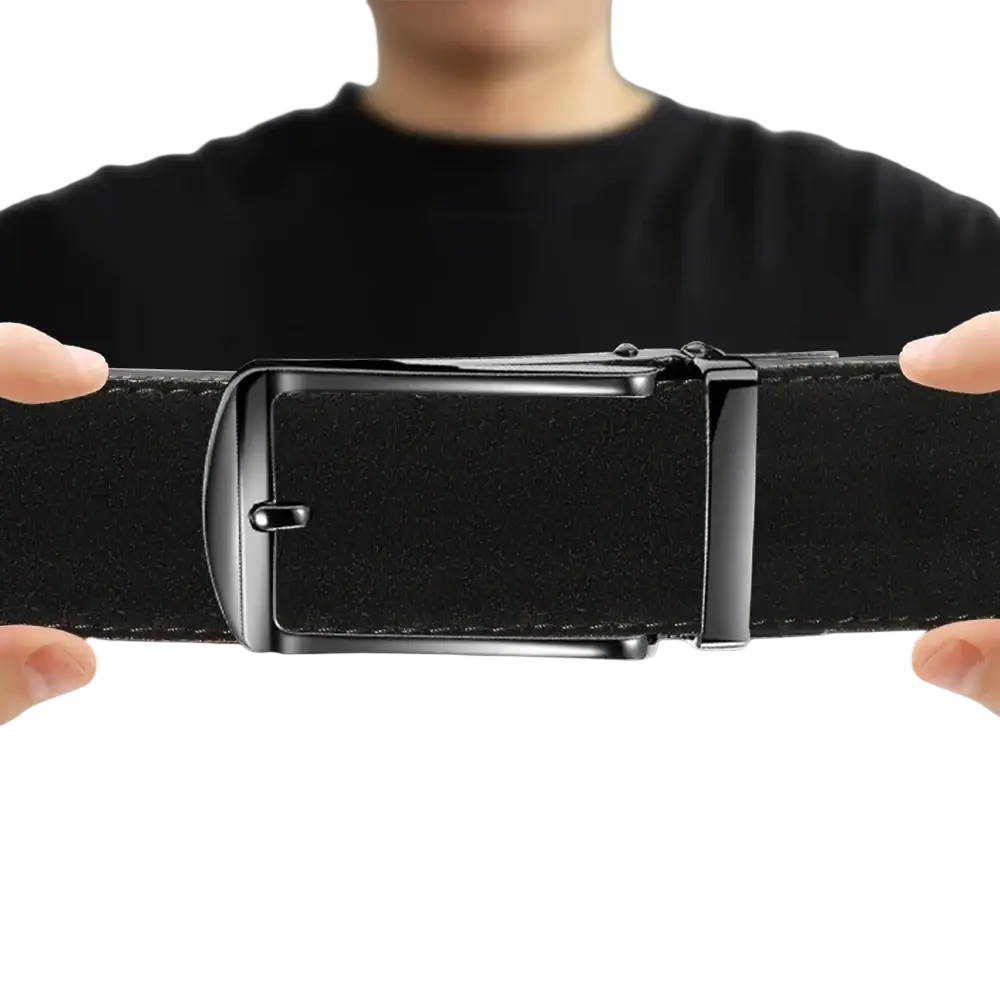 Black leather men automatic ratchet belt with a sleek matte finish metal buckle for luxury business use