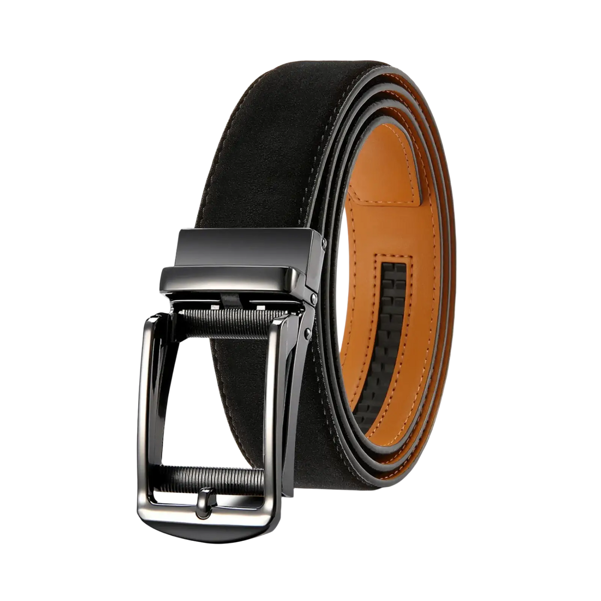 Men automatic ratchet leather belt in black with a sleek matte-finish buckle and contrasting tan inner lining for business use