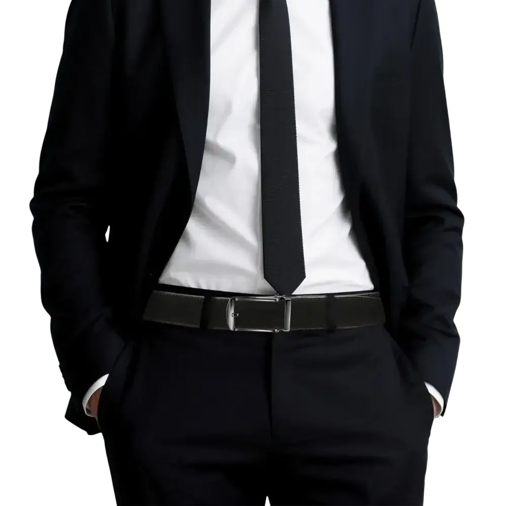 Black silk tie with subtle texture worn with crisp white shirt paired with men automatic ratchet leather belt luxury strap