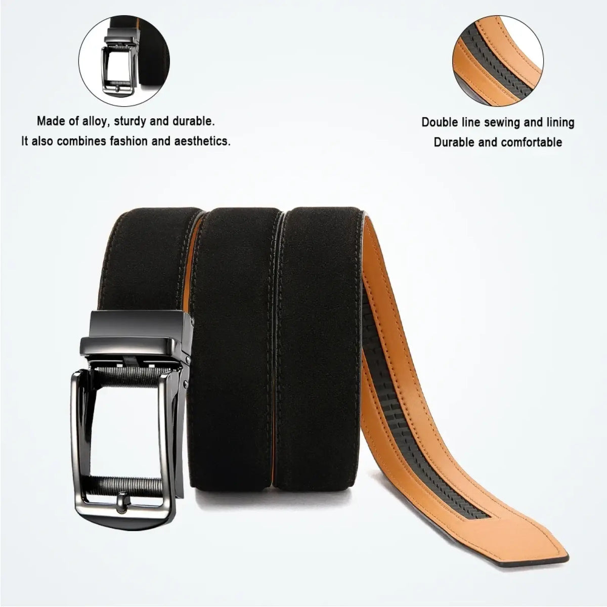 Men automatic ratchet leather belt in black with sleek silver-toned buckle and tan inner lining for luxury business use