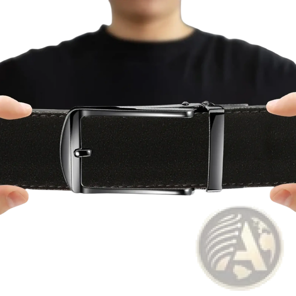 Black leather men automatic ratchet belt with a sleek matte finish metal buckle for luxury business use