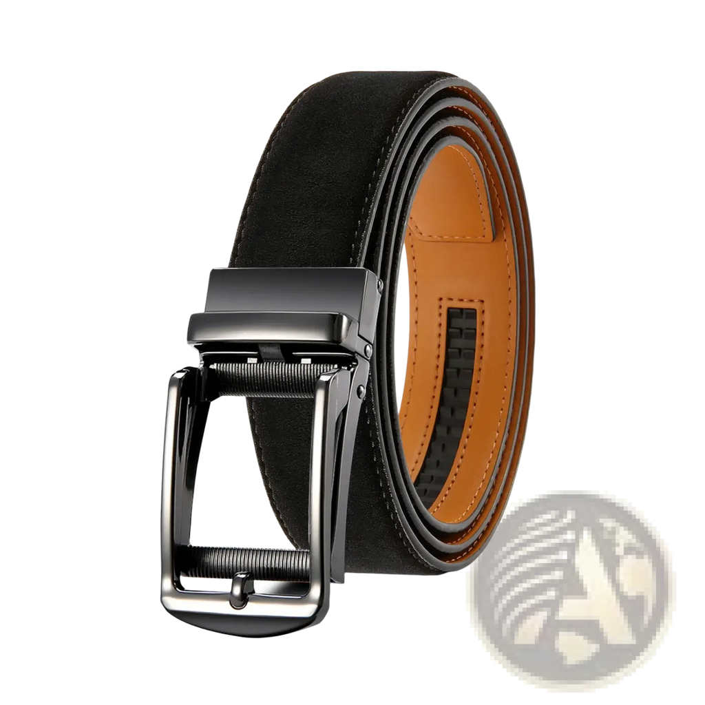 Men automatic ratchet leather belt in black and tan with a sleek matte finished metal buckle for luxury business use