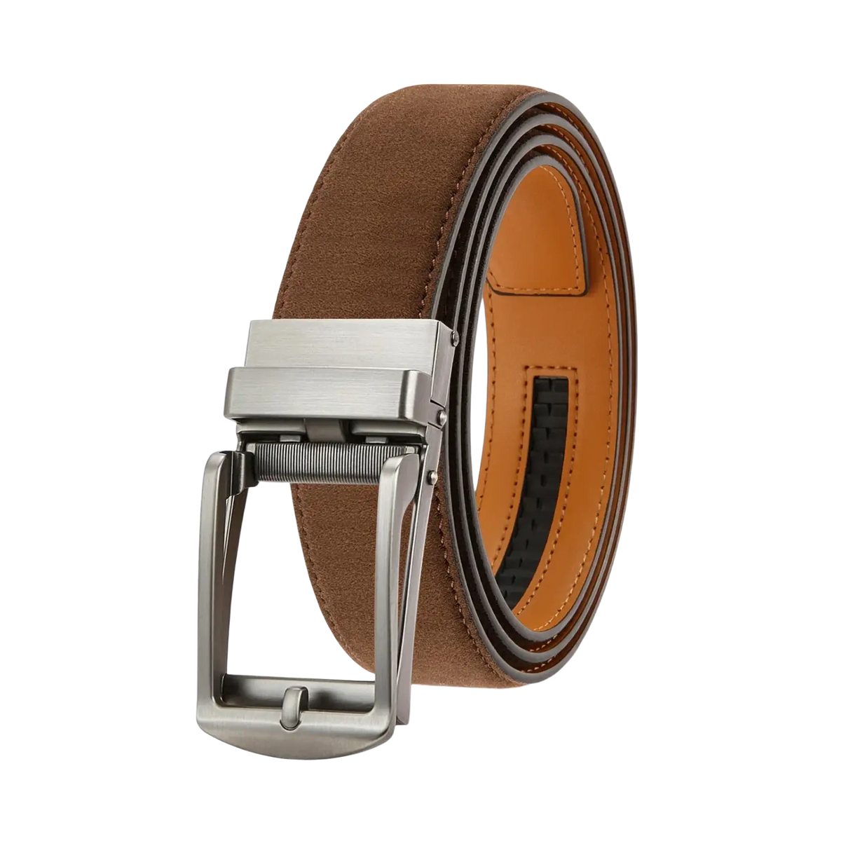 Brown suede men automatic ratchet leather belt with silver toned buckle for luxury business use
