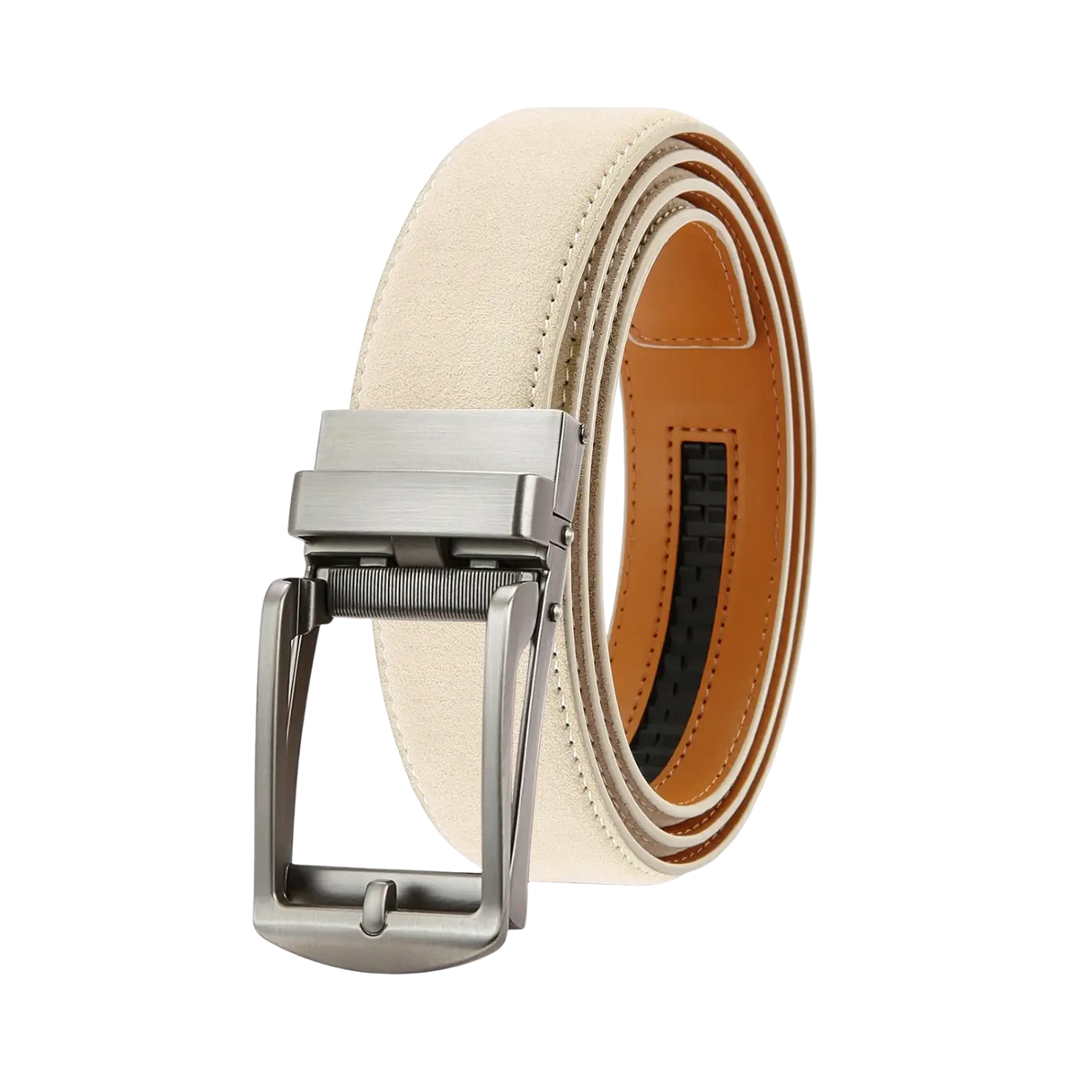 Cream-colored men automatic ratchet leather belt with sleek silver-toned automatic buckle for luxury business use