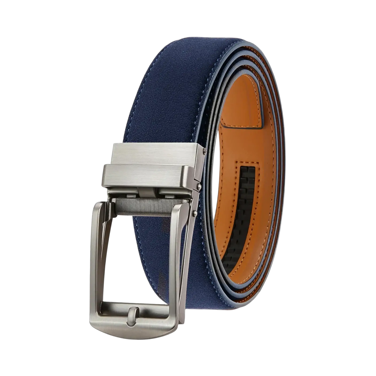 Navy blue suede men automatic ratchet leather belt with silver-toned buckle and tan leather lining for business use