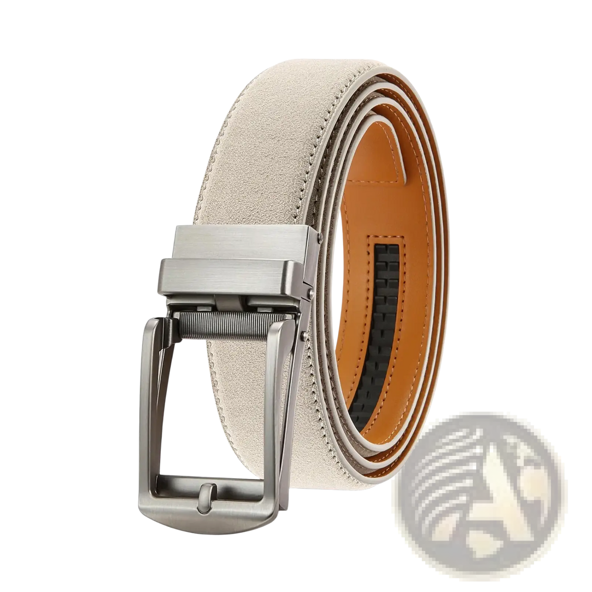 Beige suede men automatic ratchet leather belt with silver-toned buckle and tan inner lining luxury business strap