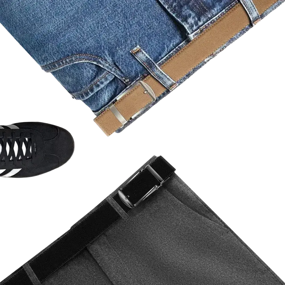 Men automatic ratchet tan leather belt with silver buckle worn through the waistband of blue denim jeans