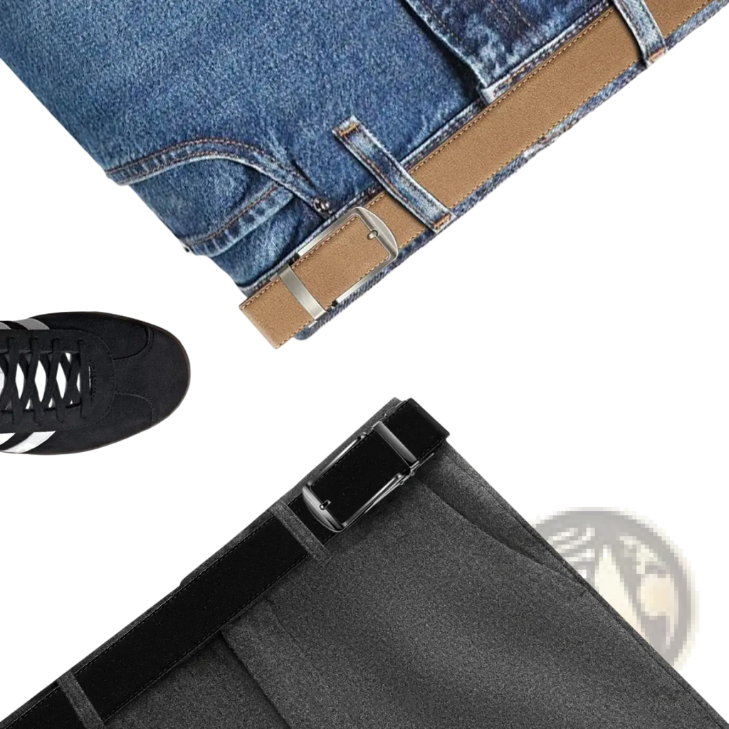 Men automatic ratchet leather belt luxury business strap in tan leather with silver-toned buckle paired with blue jeans