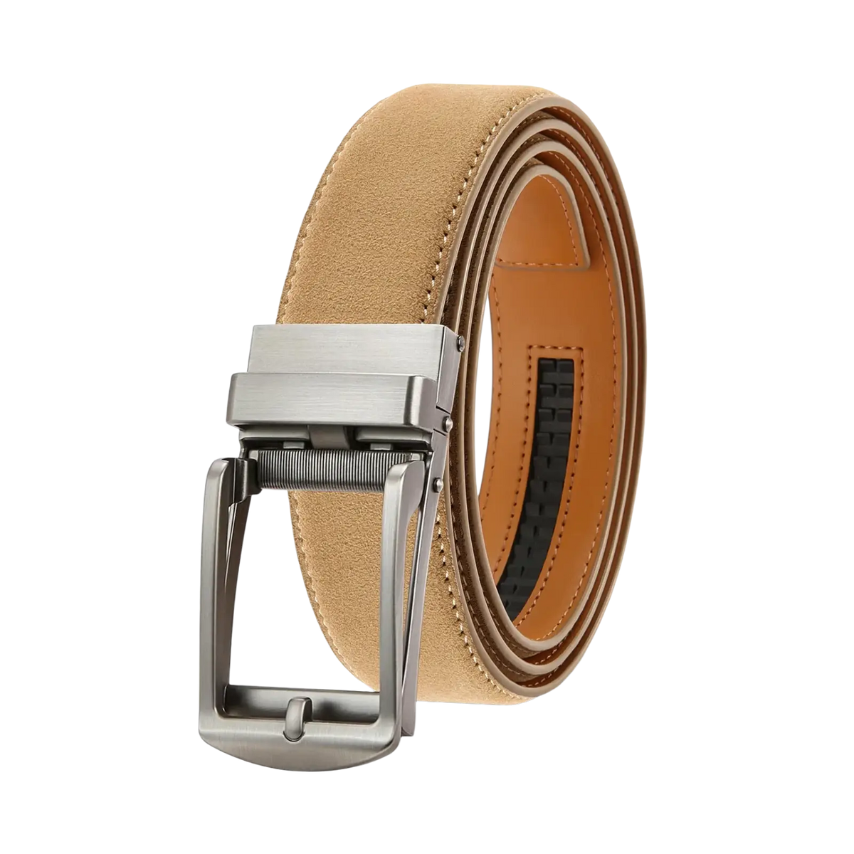 Tan suede men automatic ratchet leather belt with silver-toned luxury business strap and automatic buckle