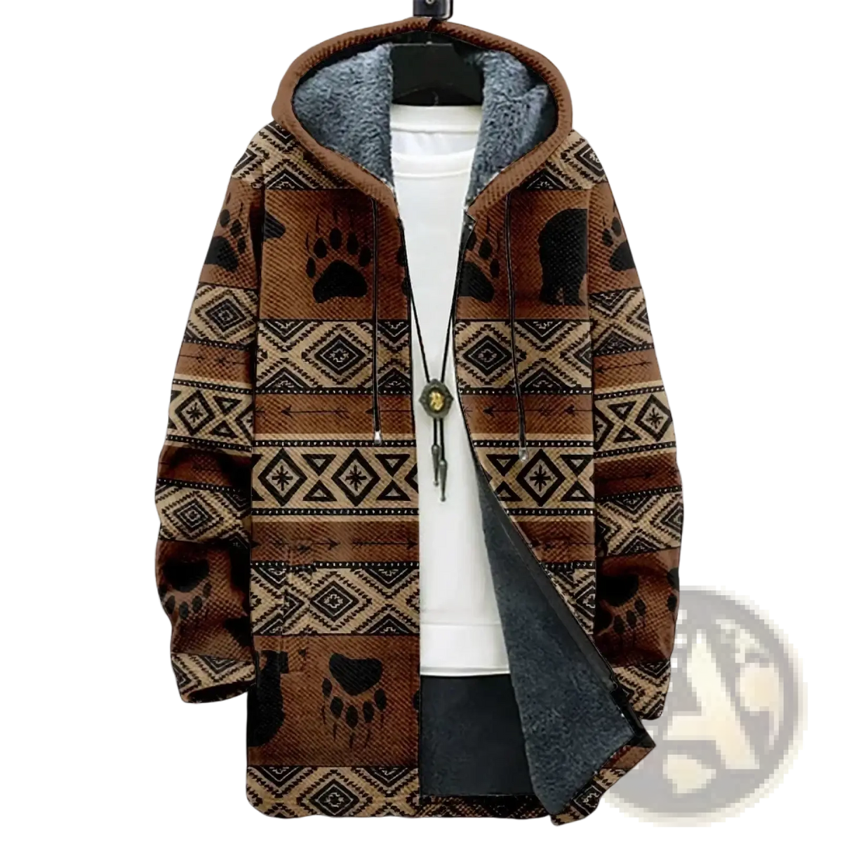 Men aztec fleece winter hooded jacket with brown beige pattern black bear paw prints and plush gray lining