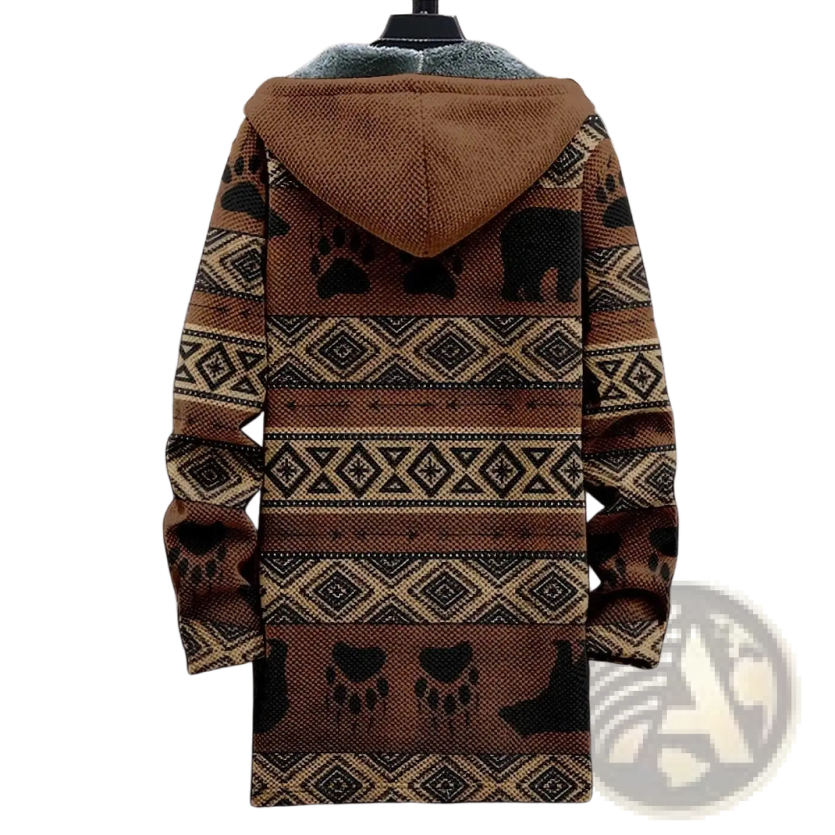 Men Aztec fleece winter hooded jacket in brown textured knit with black bear and paw prints and plush gray-lined collar