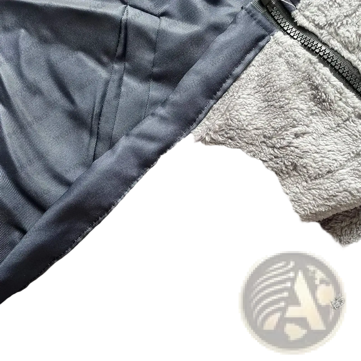 Men aztec fleece winter hooded jacket with gray fleece lining dark gray outer shell and black zipper