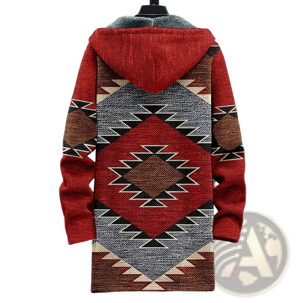 Men Aztec fleece winter hooded jacket in red with geometric tribal pattern on textured knit fabric displayed from back side
