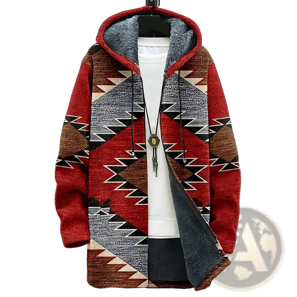 Men aztec fleece winter hooded jacket with red hood and geometric black white brown pattern in soft warm fabric