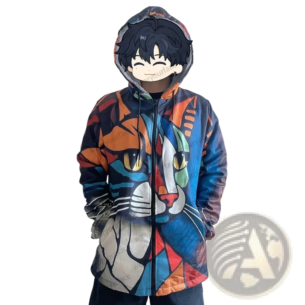 Men Aztec fleece winter hooded jacket with a vibrant full-zip hoodie featuring a bold abstract cat design in orange and blue