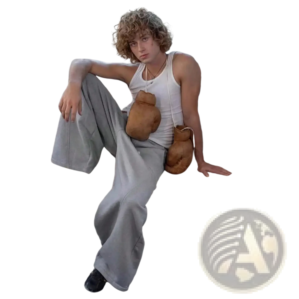 Brown leather boxing glove purse with drawstring closure and adjustable strap paired with men baggy cargo sweatpants